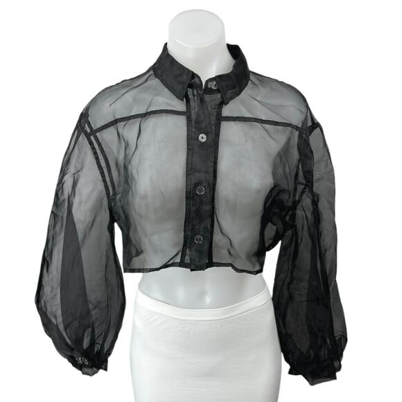 NEW By Anthropologie Black Balloon Long Sleeve Button Sheer Crop Blouse Top OS - Picture 1 of 5